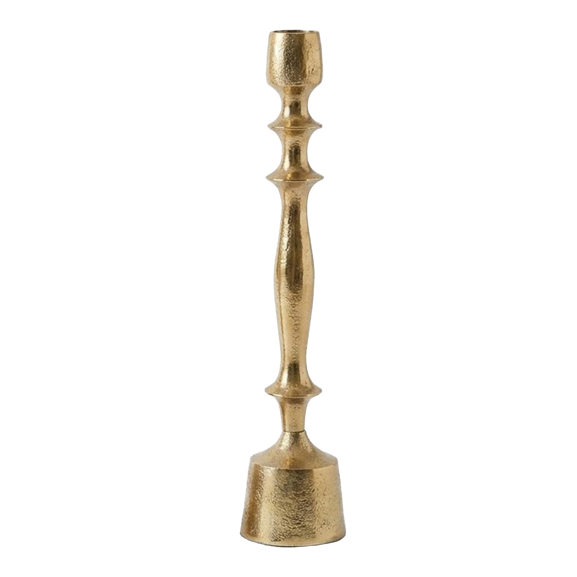 IHI EST. 1986 Gold Taper Candle Holder, 15.5 Inch Aluminum Candlestick Stand, Decorative Metallic Taper Candle Holder with Sculpted Stem for Dining Table Mantel and Shelf Décor