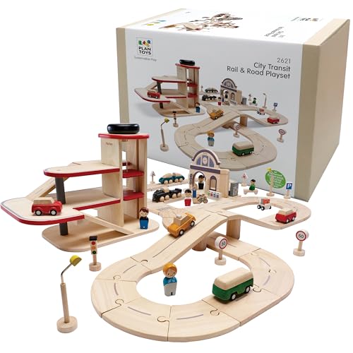 Image of PlanToys Wooden City Transit Rail & Road Playset Montessori Kids Building | wooden train, toy cars, tracks, girls, boys, transport systems, imaginative problem solving gift preschool learning cute
