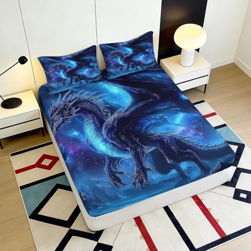 Drap-housse Blue Dragon 160x200x25cm en microfibre imprimée
