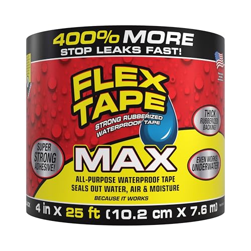 Flex Tape, MAX, Original Thick Flexible Rubberized Waterproof Tape - Seal and Patch Leaks, Works Underwater, Indoor Outdoor - Home RV Roof and Pool Repairs, Black, 4 in x 25 ft, Pack of 1
