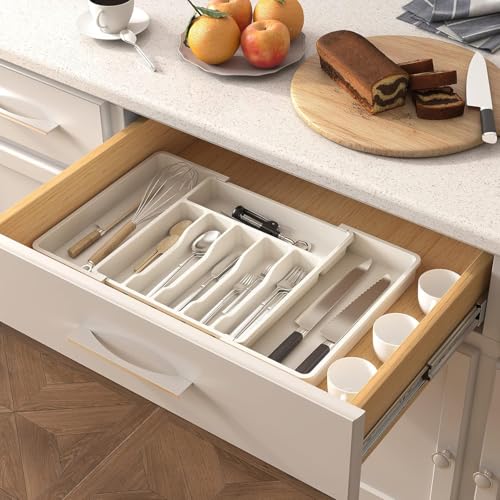 Image of Large Silverware Drawer Organizer, Expandable Utensil Tray for Kitchen, BPA Free Flatware and Cutlery Holder, Adjustable Plastic Storage for Spoons Forks Knives (White, Pack Of 1)