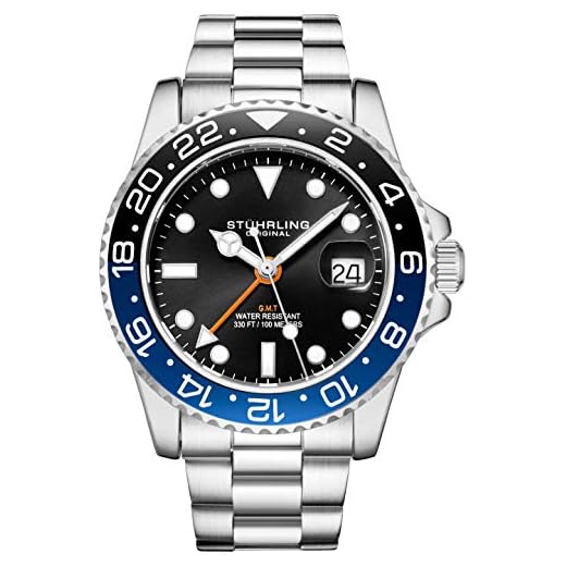 Stuhrling Original Relógio masculino, pulseira de aço inoxidável, fileira tripla, data dupla, com coroa rosqueada, Prateado, preto