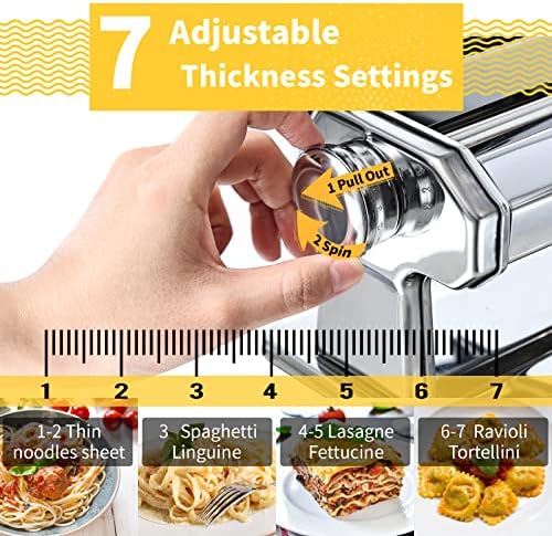 KitchenRaKu Pasta Maker Machine, 7 Adjustable Thickness Settings Manual Noodles Maker with Removable Handle, Perfect for Homemade Pasta, Lasagna, Spaghetti or Fettuccine