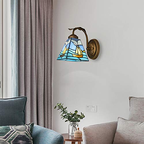 Image of LITFAD Tiffany Designed Wall Sconce with One Light Stained Glass LED Wall Light Fixture Decorative Wall Lamp for Staircase Bedroom Hotel Restaurant (Blue - 1 Light)