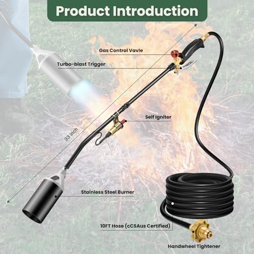 Image of ARTFLAMM NEW Propane Torch Weed Burner Kit, Weed Torch 1,900,000 BTU Blow Torch with 10FT Hose, Heavy Duty Garden Torch with Turbo Trigger for Flame Weeding,Roofing, Melting Ice Snow