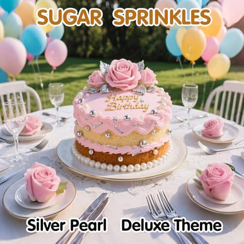 Image of Silver Pearl Sprinkles for Cake Decorating,130g,Edible Stars Rods Sprinkle,Mix Size,Baking Cake Decorations,Cupcake Toppers,Cookie Donuts Ice Cream,Birthday Wedding Mother's Day Party Supplies