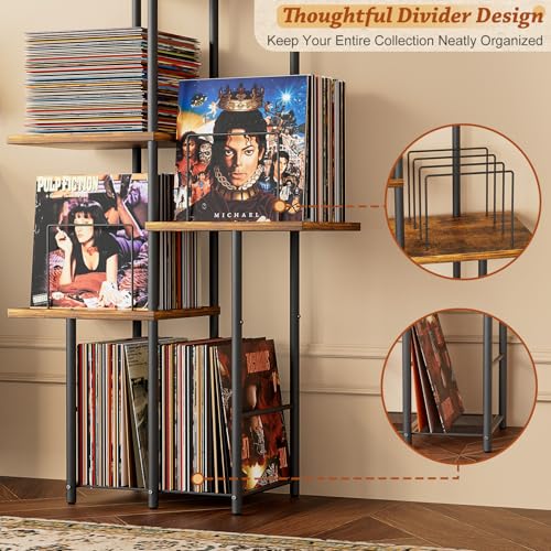 Image of Record Player Stand, Vinyl Record Storage Holder with Display Shelf, Turntable Stand Table with Vinyl Organizer Dividers Album Rack, Vintage Style Record Cabinet Wood, Mid Century Modern Tall Console