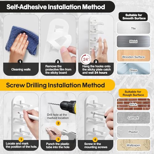 Hat Hook for Wall, 2 Pack Hat Organizer Hold up to 20 Hats,Hat Holder with Strong Adhesive and 8 Pack Screws, Cap Holder Hat Hangers for Wall Closet Door and Bedroom(B-white) - image 8