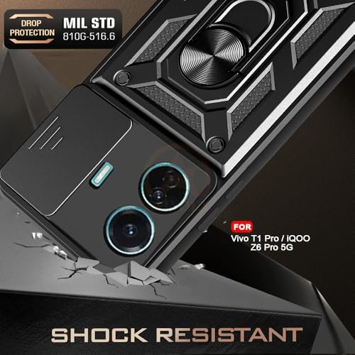 Image of Armor Bumper Back Cover Case for Vivo T1 Pro 5G / iQOO Z6 Pro 5G | Rotating Camera Cover, Ring Holder & Kickstand | Heavy Duty & 360 Degree Protection Back Cover (Black)