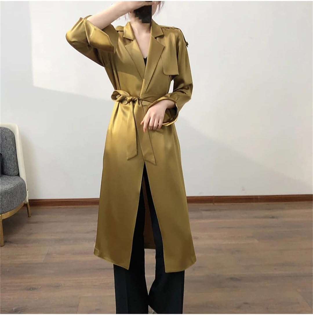 Fnfmrfmr Women Solid Double Breasted Belt Windbreaker Lapel Long Soft Flowy Satin Trench Coat