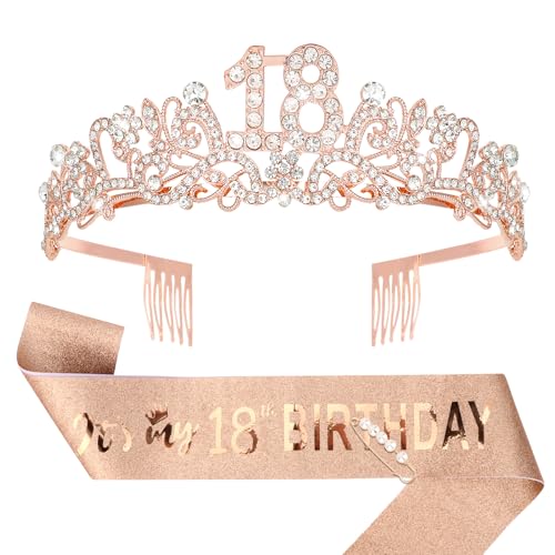 Semato 18th Birthday Decorations for Her Sash and Crown Tiara Kit Rose Gold 18th Birthday Gifts for Girls Party Supplies