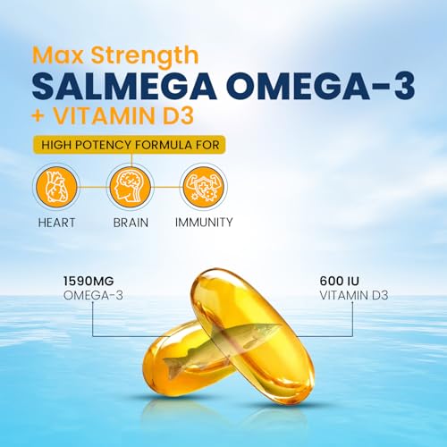 Image of Salmega Omega 3 Fish Oil with Vitamin D3 600 IU - 1590mg High Strength (900mg EPA & 600mg DHA) for Heart, Brain, Joint & Immunity Support - Fish Oil Capsules for Men & Women - 60 Softgels