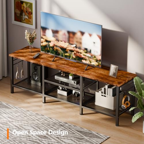 Image of Furologee 55 Inch TV Stand, Entertainment Center with Shelves, Rustic Brown | Media Console Table, Open Storage Shelves, 4 Hooks, for 60 /65 Inch TVs, TV Stands for Living Room, Bedroom