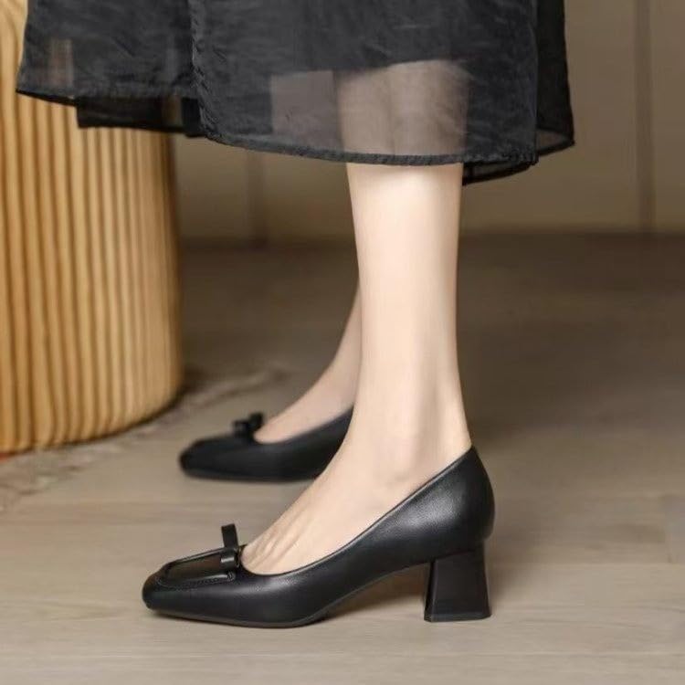 Women's Platform Low-Heeled Square-Toe lace-up Dress Shoes for Office use, Leather high-Heeled Shoes for Work