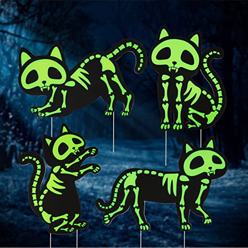 Fangoo 6er Set Halloween Schilder - Leuchtende Katzen Skelett Deko Für Garten