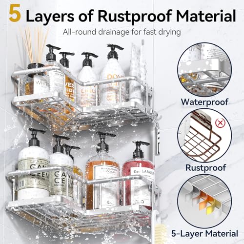Image of YASONIC Corner Shower Caddy Adhesive, 100% Rustproof Shower Organizer, No Drill Shower Shelf for Inside Shower, Wall-Mounted Shower Storage for Homes (2 Pack, Silver)