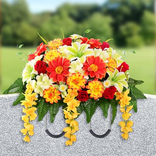 Artificial Cemetery Flowers for Grave Headstone Flower Saddle Realistic Grave Decorations for Cemetery UV Resistant Memorial Day Flowers with Lily Rose Sunflower for Headstone Cemetery Grave Decor