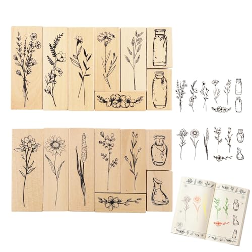 16 Pcs Stamps for Crafting,2 Styles Plant and Flower Retro Decorative Mounted Wooden Rubber Stamp Set for DIY Art and Craft Journals Scrapbooking