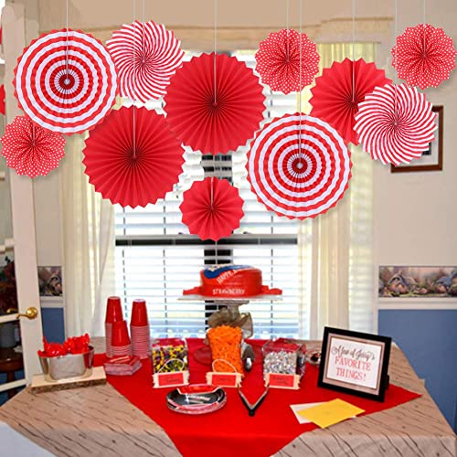 Image of 6 pcs Red Hanging Paper Fans for Birthday Anniversary Bridal Shower Baby Shower Colorful Patterns Party Fans for Party Decoration Christmas Diwali & Wedding Decor (Pack of 6, Red)