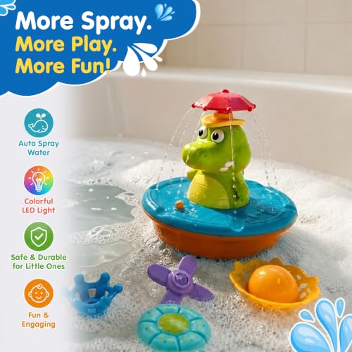 Image of Kidology Crocodile Sprinkler Bath Toy for Kids with LED Light-Up Fountain | Water Squirt Toy with 5 Spray Modes | Floating Water Toy for Kid | Birthday Gift for Boys & Girls