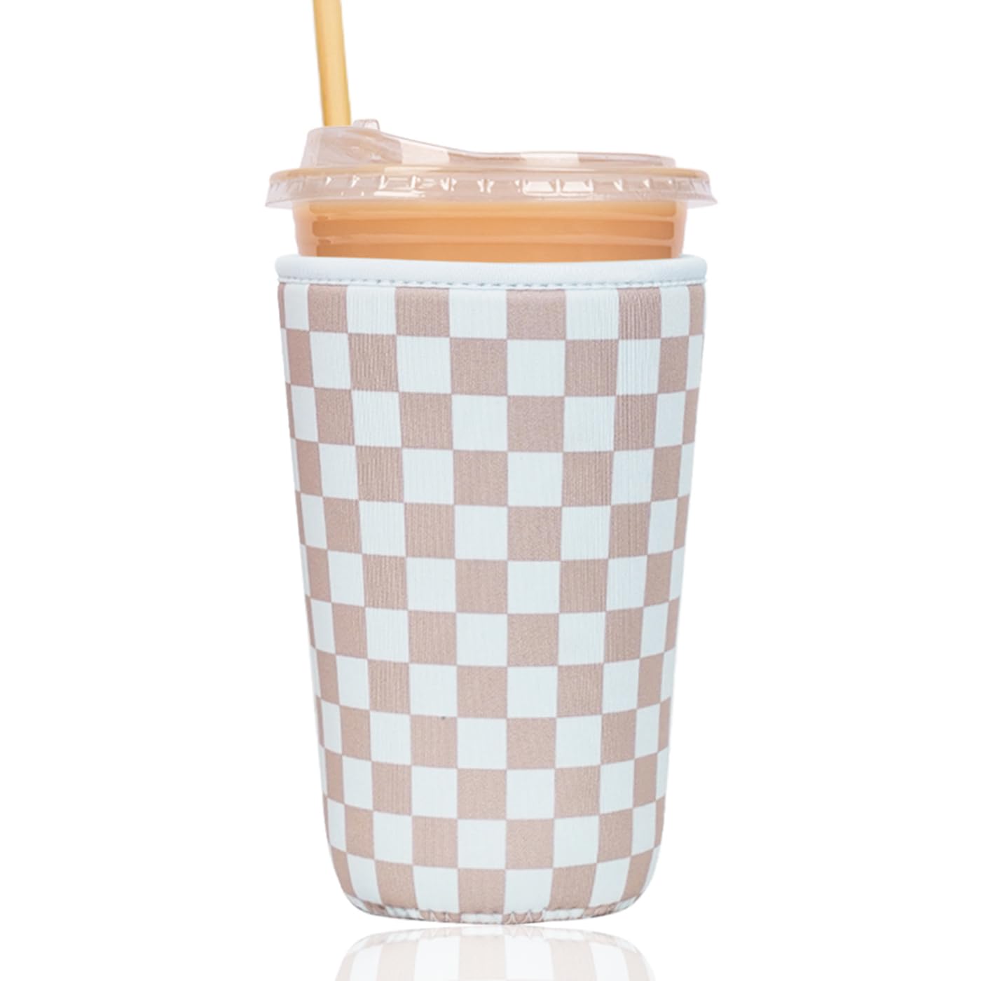 Reusable Insulated Sleeve for Iced Coffee Cup, Coffee Neoprene Sleeve for Cold &amp; Hot Drinks, Beverage Holder for Iced Coffee (Classic Checker, Large: 32oz)