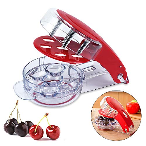 TAOHUIEU Cherry Stoner Remover, Multi Cherry Pitter Cherry Stone Seed Removal Core Easy Squeeze with Grip 6 Cherries at Once (Red) (L) (Green) (Red)