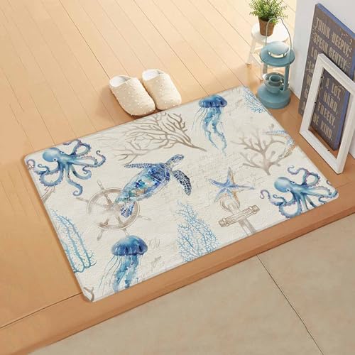 Nautical Coastal Antifatigue Kitchen Bath Door Mat Cushioned Runner Rug,Washable Welcome Floor Sink Mat,Waterproof Kitchen Standing Doormat,Turtle Octopus Jellyfish Starfish Blue Beige 20