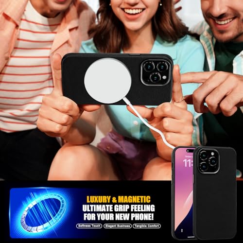 Image of Genuine Leather Case for iPhone 14 Pro Compatible with Magsafe Black | Non-Slip Pebbled Genuine Leather, Slim Fit, Super Magnetic, Compatible with Wireless Charging, Metal Buttons, Camera Bezel