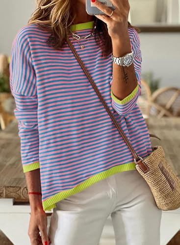 Image of Dokotoo Women's Long Sleeve Sweaters Casual Crewneck Fashion Fall Striped Color Block Shirts High Low Pullover Sweater Tops