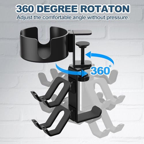 Image of 4 in 1 Desk Cup Holder with Headphone Hanger and Controller Stand Gaming Accessories, Universal Adjustable & Rotating Upgraded Arm Clamp for Coffee Mugs, Water Bottles, Headphones, Controller.