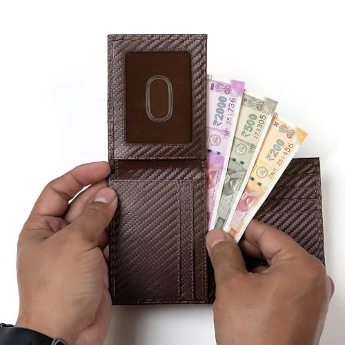 Image of Premium RFID Blocking Wallet for Men | Slim Carbon Fiber Leather with 12 Card Slots, Clear ID Window & Cash Pocket | Durable Bifold Genuine Cow Fiber Leather Wallet (Carbon Brown)
