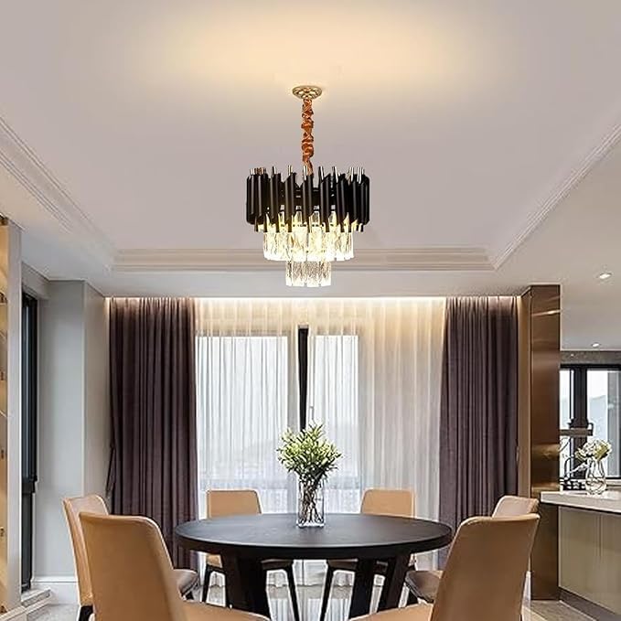 Image of Modern Ceiling Lamp 2-Tier Round Crystal Chandelier for Living Room | Modern Ceiling Light Jhumar for Hall for Home Decoration + 3 Color LED Light (Black Gold, 300MM)