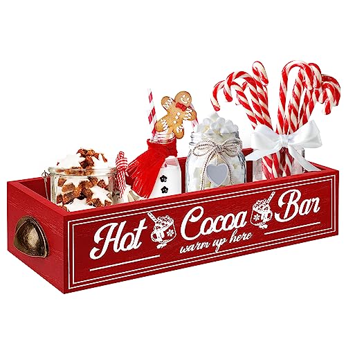 TURSTIN Christmas Hot Cocoa Bar Wood Storage Box Rustic Farmhouse Hot Cocoa Bar Accessories With Handle Decorative Christmas Wood Storage Bins Box Organizer Storage Caddy Xmas Open Holder Box for Home