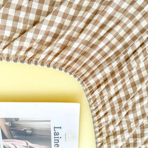Image of Mucalis Tan Gingham Fitted Sheet Queen Only Deep Pocket 16 Inch 100% Washed Cotton Beige Plaid Checkered Bottom Sheet,Soft,Breathable,Easy Care