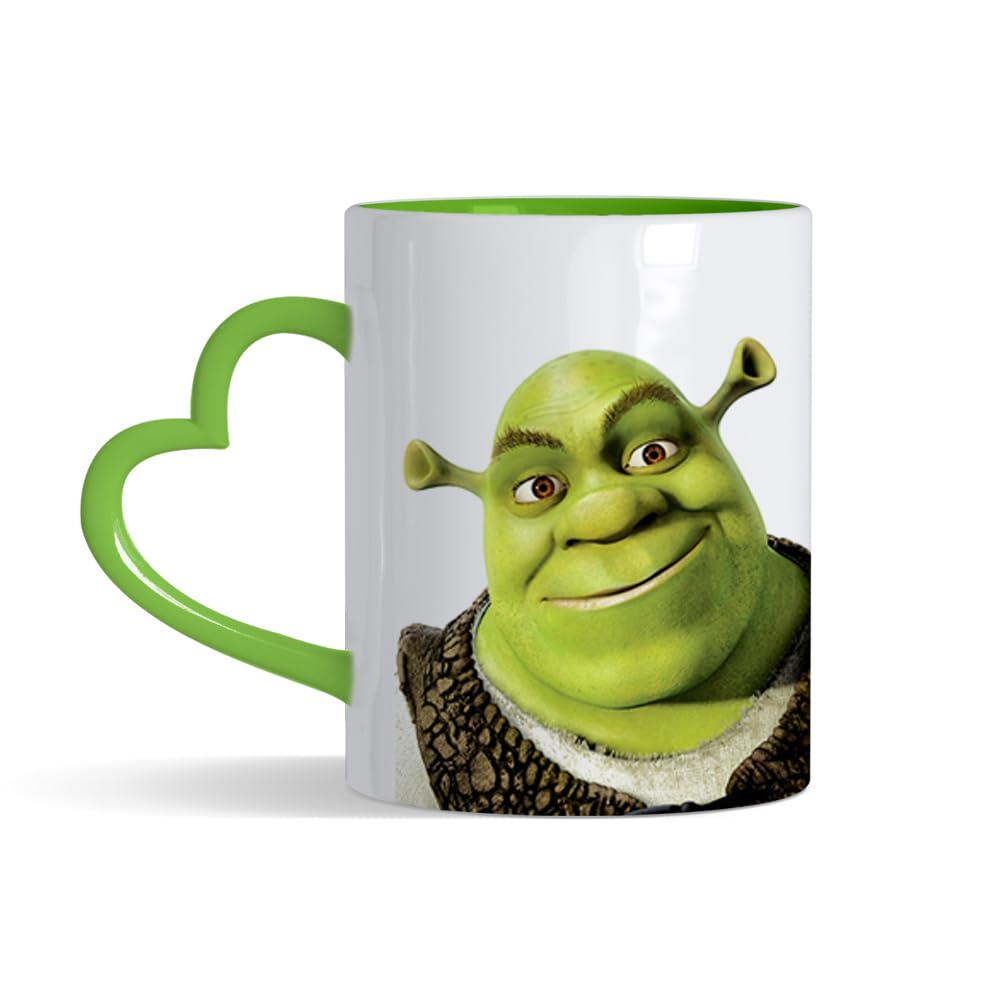 Cartoon Character Mug - Funny Shrek 11 oz Coloured Heart Handle Ceramic Coffee Mug. (Green Heart Handle), 11 ounces