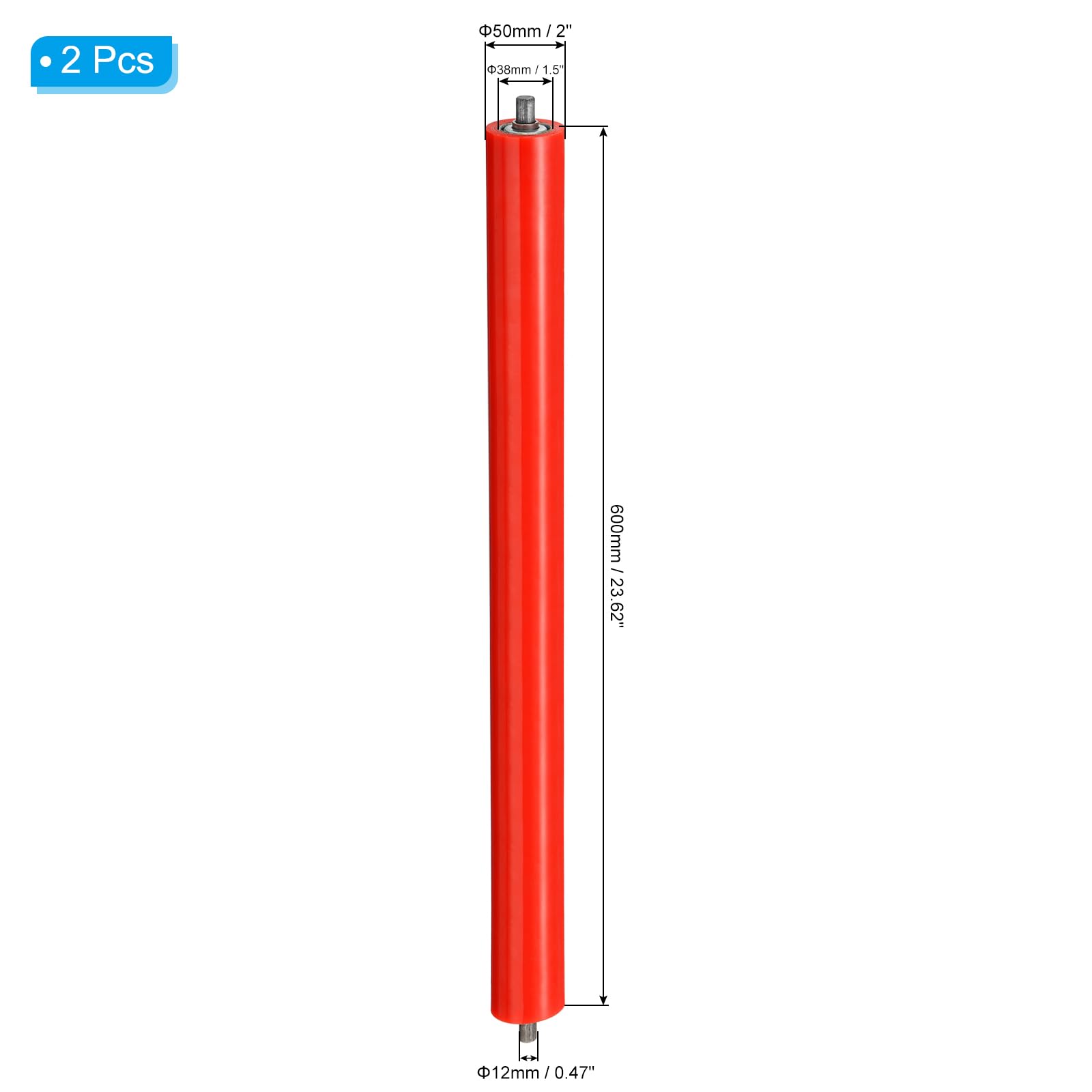 PATIKIL Poliuretano Rivestito Trasportatore Rullo 2" Diametro 24" Lunghezza 2pz Inox Acciaio Trasmissione Sostituzione Parte Zincato Fine Rosso