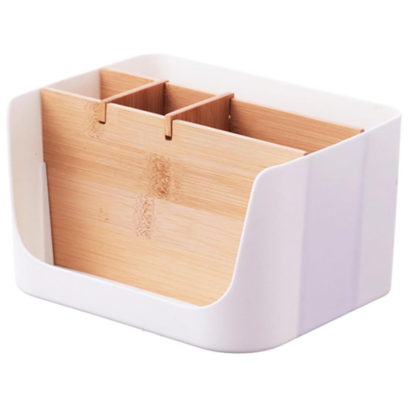 Organizador de Escritorio de Madera, Organizador de Escritorio, Organizador de Mesa de Bambú, Escritorio Portalápices, 5 Compartimentos, para Oficina, Salón y Dormitorio, En Forma de U, (Blanco)