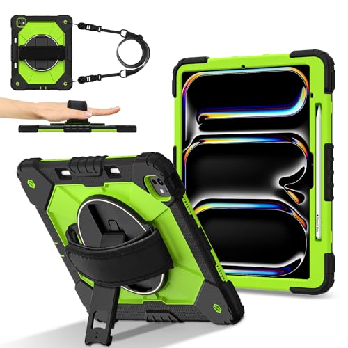 Coque iPad Pro 13 protection silicone antichoc support rotatif 360 bandoulière noir vert