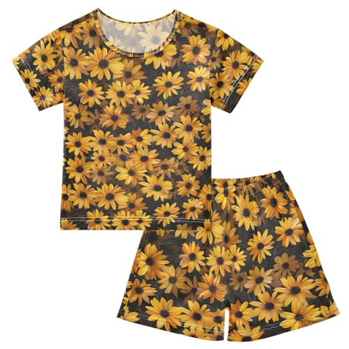 ALAZA Yellow Flower on Black Pajamas Set Short Sleeve Cotton Sleepwear Summer Pjs 2 Piece 5-14Y