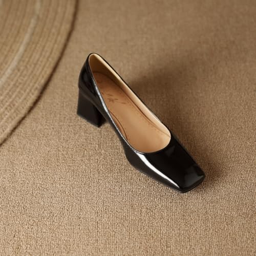 MIOKE Women's Chunky Mid Block Heel Pumps Square Toe Patent Leather Slip-On Comfort Dress Work Office Shoes3