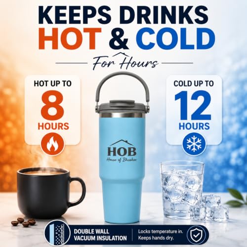 Image of House of Bhaskar 900ml Insulated Coffee Mug with Handle & Lid - Leakproof Stainless Steel Vacuum Travel Mug, Hot 8 Hrs & Cold 12 Hrs, Ideal for Gym, Office, Car & Travel (Sea Blue)