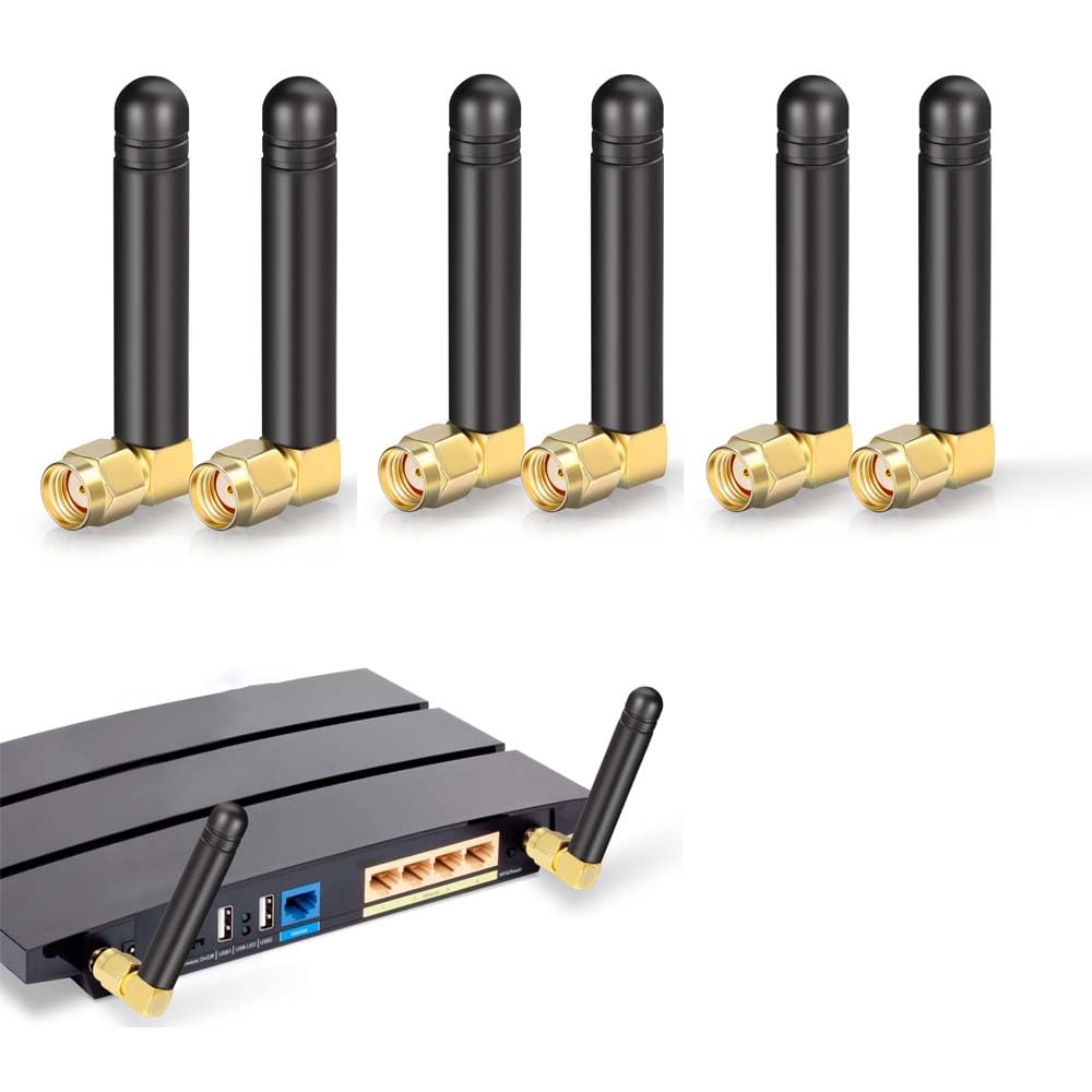 ELECDON 6 Pcs Mini WiFi Antenna 2.4GHz 5GHz 2dBi MIMO with Right-angle RP-SMA Male Connector for Enhanced WiFi Router, Network Card, USB Adapter & Video Surveillance