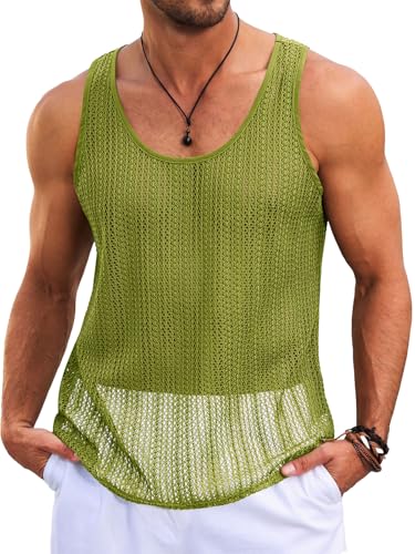 Runcati Mens Sleeveless Tank Tops Knitted Crochet See Through Hollow Out T-Shirts Muscle Summer Beach Hippie Shirts