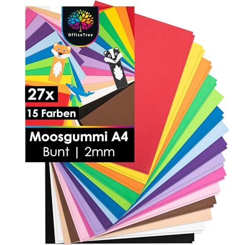 OfficeTree 27x Bögen Moosgummi 2mm - 15 Farben - Moosgummi Platten A4 nicht selbstklebend - Schaumgummi Basteln - Schaumstoff zum Basteln - Moosgummi A4 für DIY Bastelarbeiten