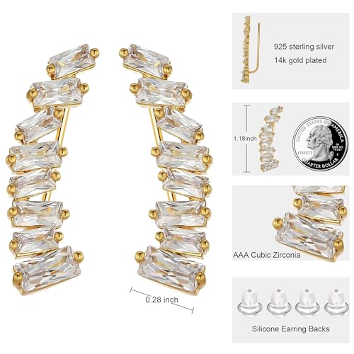 AMORAMOR & FOREVER Sterling Silver Ear Climbers Earrings For Women 14K White Gold Plated Ear Cuff Crawler Earrings For Women Hypoallergenic 8 Square CZ Cubic Zirconia Studs4