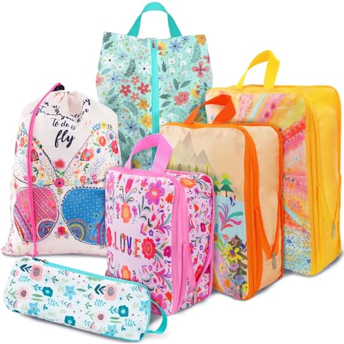 6 Set Packing Cubes Compression Bags for Travel, Floral Packing Organizers for Luggage with Shoe Bags for Packing In Suitcase, Colorful Compression Bags for Storage Trip and Family Vacation