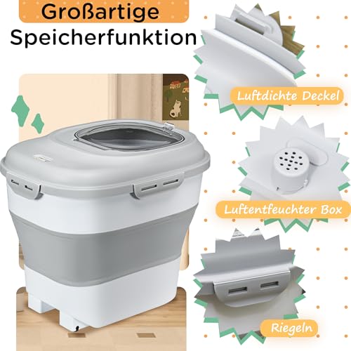 PawHut Futterbehälter 25L Hundefutter Aufbewahrung Luftdicht Faltbar kompakt Futtertonne mit Rädern Messbecher, Schüssel Löffel Futterbox Hundefutter Box für Hunde und Katzen 44x32x37cm Grau