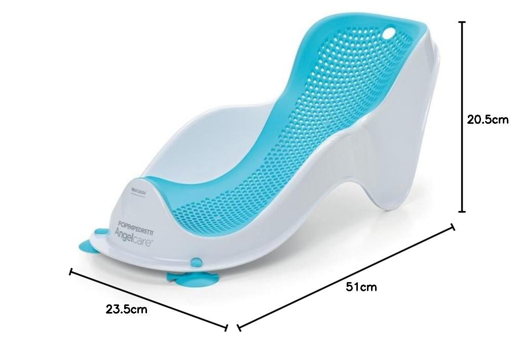 Foppapedretti Supporto Bagnetto Acquolina, per Bambini dalla nascita fino a 6 mesi (fino a 9 Kg), Igienico, Ergonomico, Maglia Morbida Antimuffa, Ventose per ancoraggio a vasca, Bianco Turchese