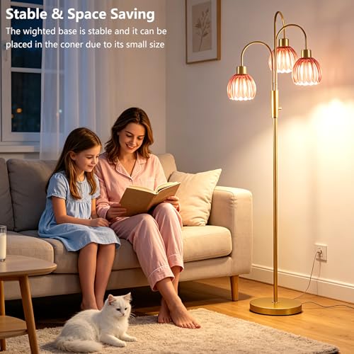 Image of 3-Light Glass Floor Lamp, 70 inch Gold Dimmable Standing Tall Lamp with Deep Red Glass Shades &3PCS 3000K Warm White Bulbs for Wedding /Party, Modern Tree Pole Lamp for Living Room Bedroom Home Decor