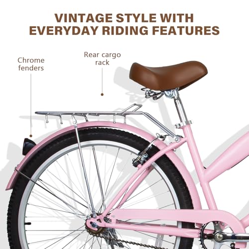 Image of WEIZE Beach Cruiser Bike, 24 26 inch Commuter Bicycle for Adult Men and Women, Front & Rear Fenders, Comfortable City Bikes with Rear Rack&Basket, Ergonomic Upright Design